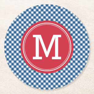 Blue Gingham Country Chic Personalize Monogram Round Paper Coaster