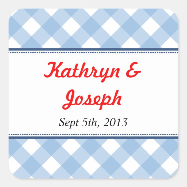 Blue gingham country picnic rustic wedding favour square sticker (Front)