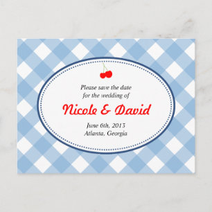 Blue gingham country rustic cherry save the date announcement postcard