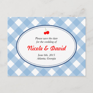 Blue gingham country rustic cherry save the date announcement postcard