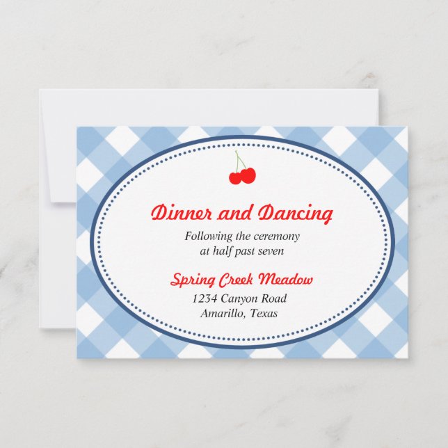 Blue gingham country rustic reception enclosure invitation (Front)