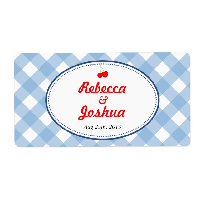 Blue gingham country rustic wedding favour tag (Front)