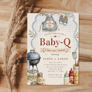 Blue Gingham Couples Baby Q Baby Shower Invitation