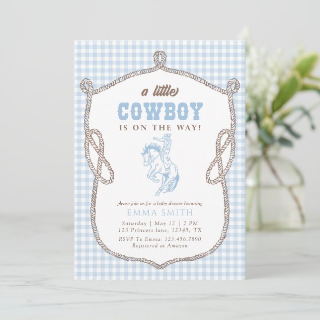 Blue Gingham Cowboy Baby Shower Vintage Preppy Invitation (Standing Front)