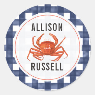 Blue Gingham Crab Wedding Classic Round Sticker
