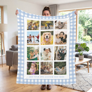 Blue Gingham Custom 12 Photo Collage Fleece Blanket