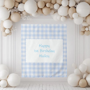Blue Gingham Custom First Birthday Party Welcome Tapestry