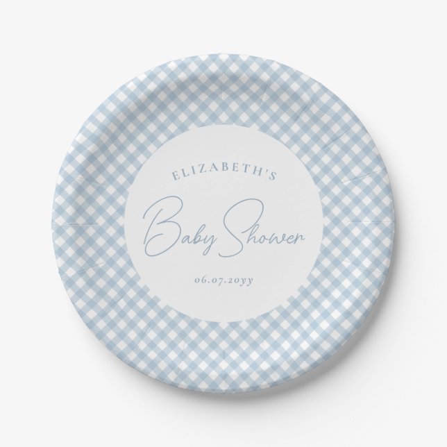 Blue gingham cute simple personalized baby shower paper plate (Front)