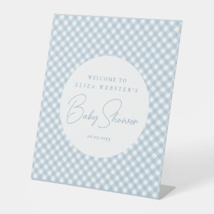 Blue gingham cute simple personalized baby shower pedestal sign