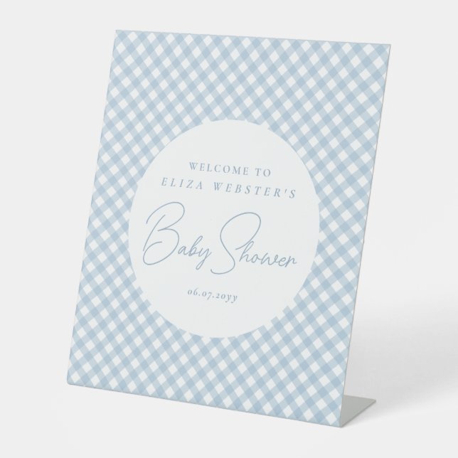 Blue gingham cute simple personalized baby shower pedestal sign (Front)