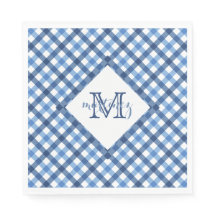 Blue gingham diamond monogram name napkins