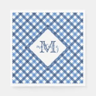 Blue gingham diamond monogram name napkins