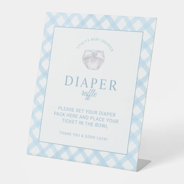 Blue Gingham Diaper Raffle Baby Shower Sign (Front)