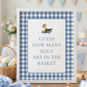 Blue Gingham Duck How Many Baby Shower Game Poster