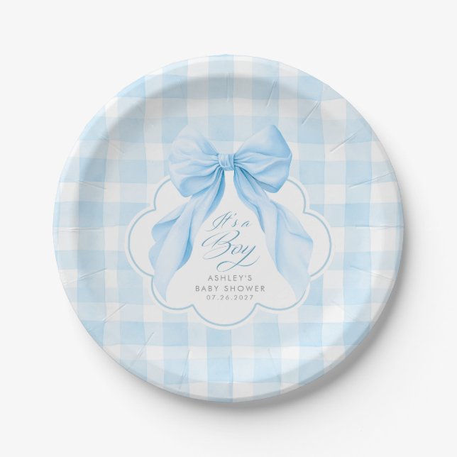 Blue Gingham Elegant Bow Boy Baby Shower Paper Plate (Front)