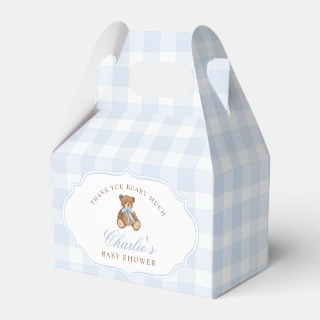 Blue Gingham Elegant Teddy Bear Baby Shower Favor Box (Front Side)