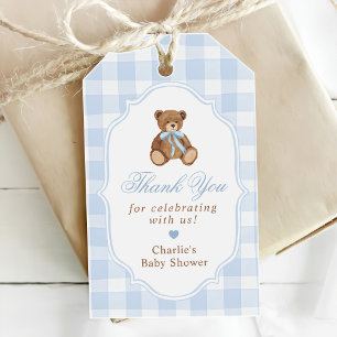 Blue Gingham Elegant Teddy Bear Baby Shower Gift Tags