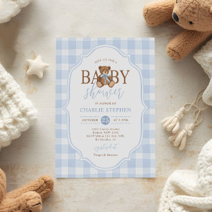 Blue Gingham Elegant Teddy Bear Baby Shower Invitation