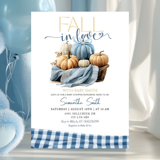 Blue Gingham Fall in Love Fall Theme Baby Shower Invitation (Creator Uploaded)