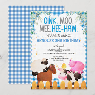 Blue Gingham Farm Animals Boy Birthday Barnyard Invitation