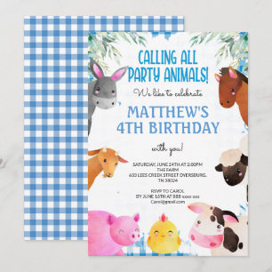 Blue Gingham Farm Animals Boy Birthday Barnyard Invitation