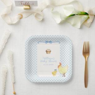 Blue Gingham Farmer Little Chick Boy Baby Shower Paper Plate