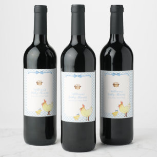 Blue Gingham Farmer Little Chick Boy Baby Shower  Wine Label