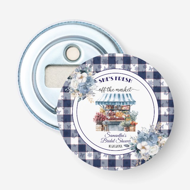 Blue Gingham Floral Bridal Shower favour Bottle Opener (Front)