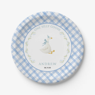 Blue Gingham Floral One Silly Goose 1st Birthday Paper Plate