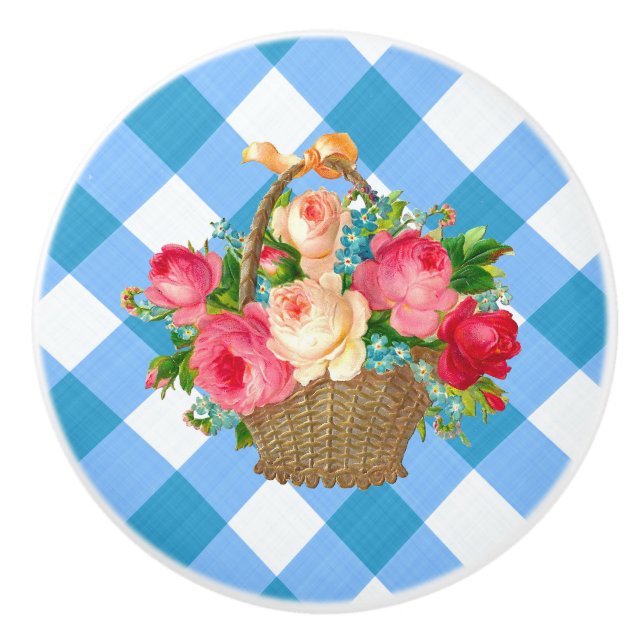 Blue Gingham Flower Basket Vintage Country Ceramic Knob (Front)
