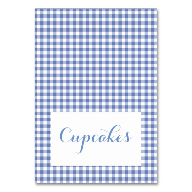 blue gingham  Food Tent Cards (Front)