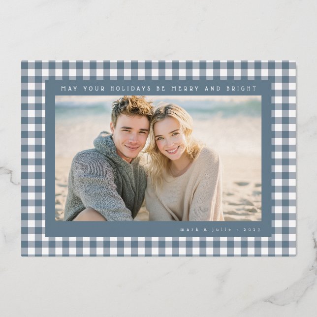 Blue Gingham Frame Holiday Photo (Front)