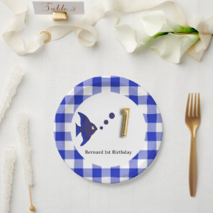 Blue Gingham Gold Foil Balloon Fish 1st Birthday  Paper Plate