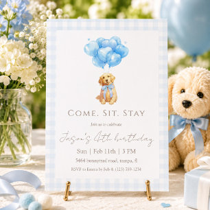 Blue Gingham Golden Retriever Puppy Birthday Invitation
