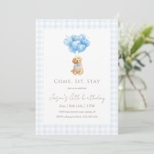 Blue Gingham Golden Retriever Puppy Birthday Invitation