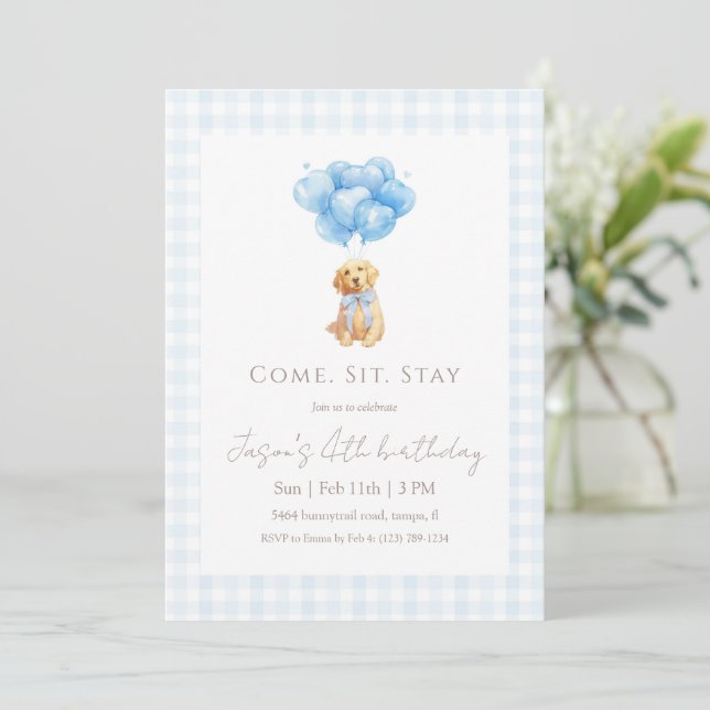 Blue Gingham Golden Retriever Puppy Birthday Invitation (Standing Front)