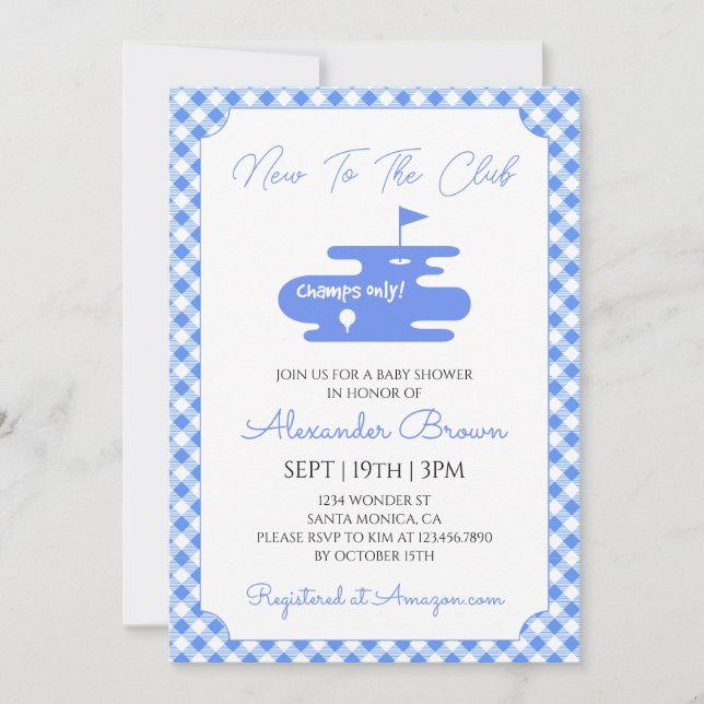 Blue Gingham Golf Baby Shower Invitation (Front)