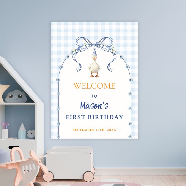 Blue Gingham Goose Boy First Birthday Welcome Poster (Creator Uploaded)