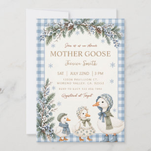 Blue Gingham Goose Winter Baby Shower Invitation