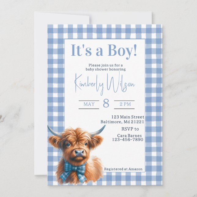 Blue gingham highland cow baby shower invitation (Front)