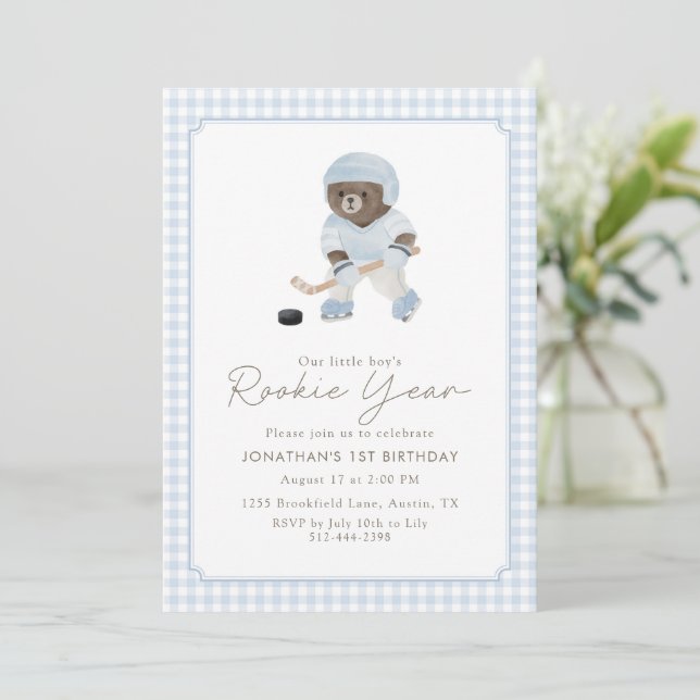 Blue Gingham Hockey Rookie Year Teddy Bear 1st  Invitation (Standing Front)