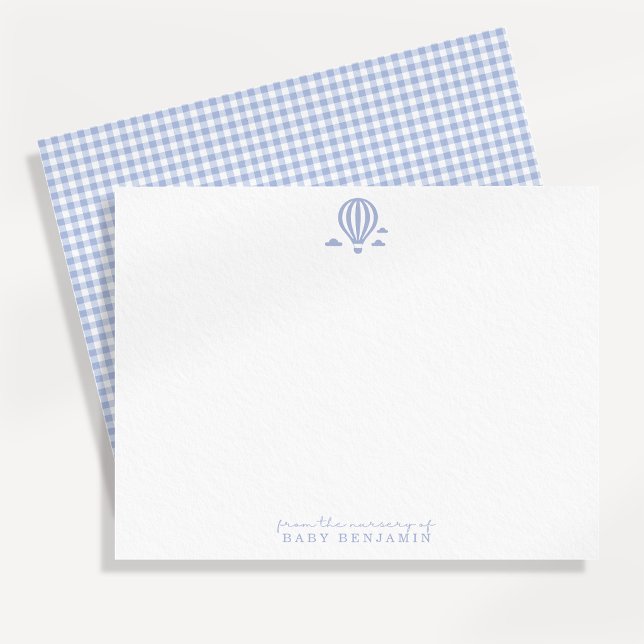 Blue Gingham Hot Air Balloon Nursery Note Card (Creator Uploaded)
