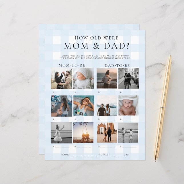 Blue Gingham How Old Were Mom and Dad Photo Game (Front/Back In Situ)
