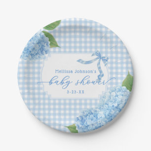 Blue Gingham Hydrangea Boy Baby Shower Paper Plate
