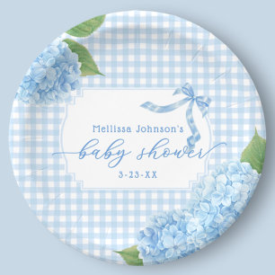 Blue Gingham Hydrangea Boy Baby Shower Paper Plate