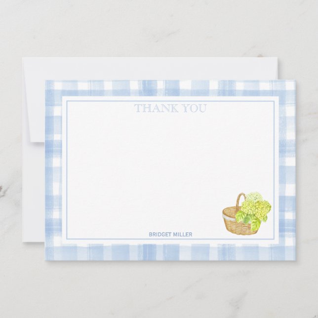 Blue Gingham Hydrangea Flower Thank you Card (Front)