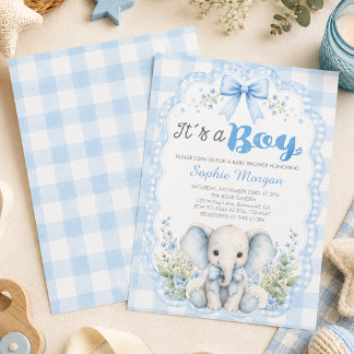 Blue Gingham It's A Boy Elephant Baby Shower Invitation