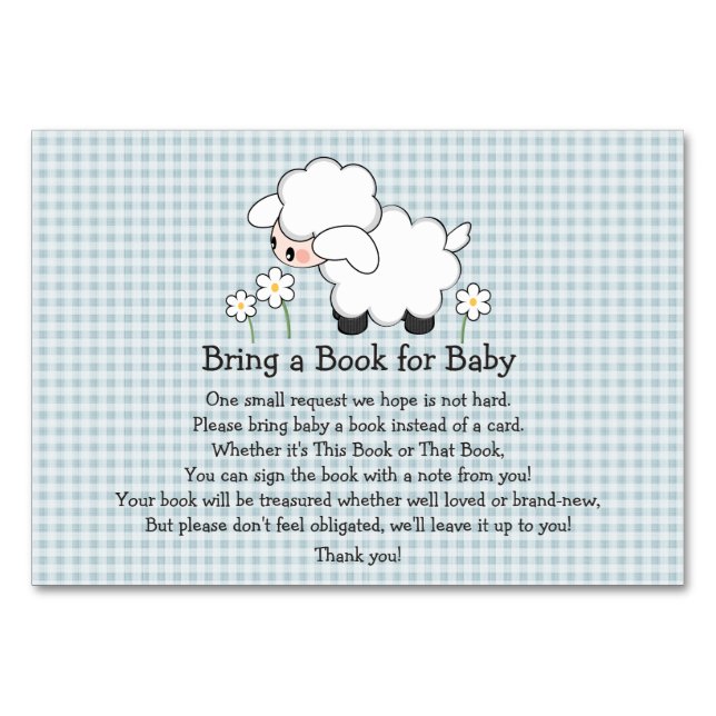 BLUE GINGHAM LAMB BABY SHOWER BOOK REQUEST CARD (Front)