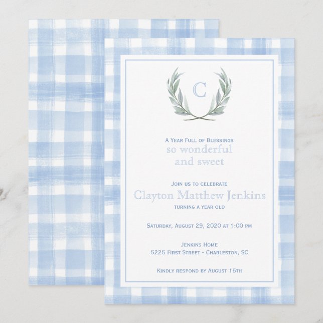 Blue Gingham Laurel Crest First Birthday Invitation (Front/Back)