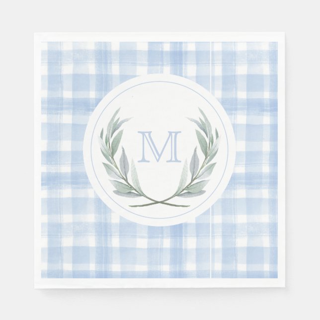 Blue Gingham Laurel Crest Paper  Napkin (Front)